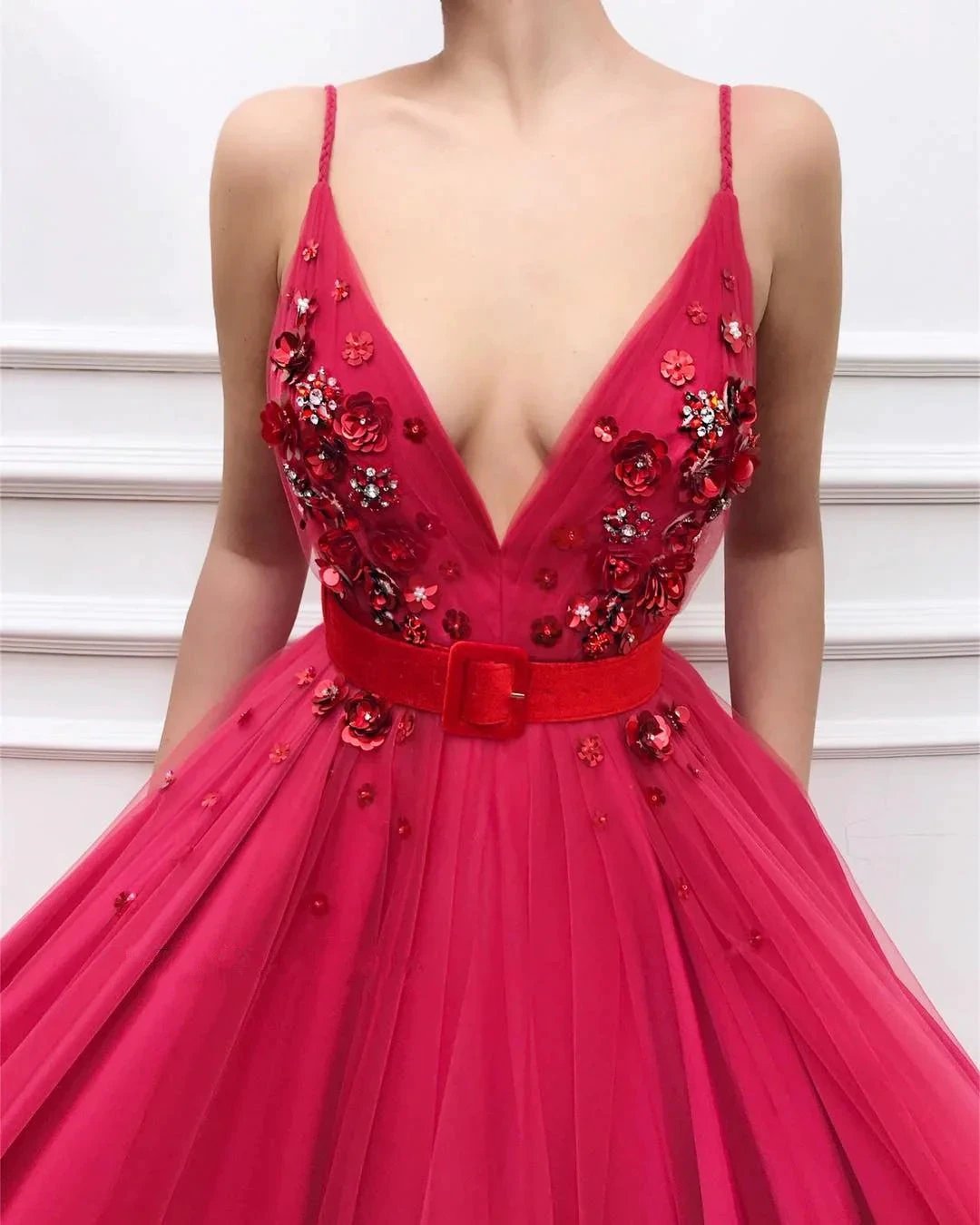Elegant Long A-line V-neck Tulle Prom Dress by BIZTUNNEL