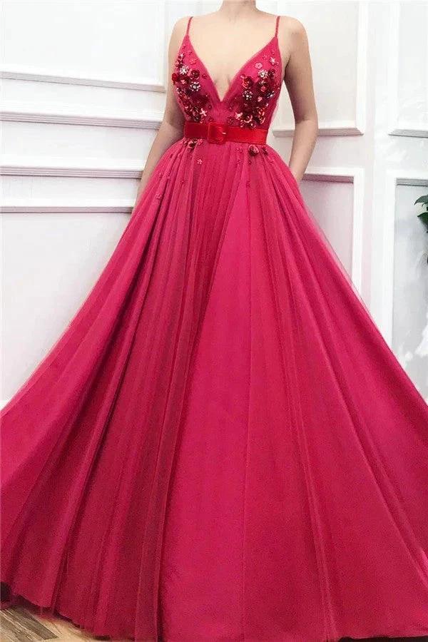 Elegant Long A-line V-neck Tulle Prom Dress by BIZTUNNEL