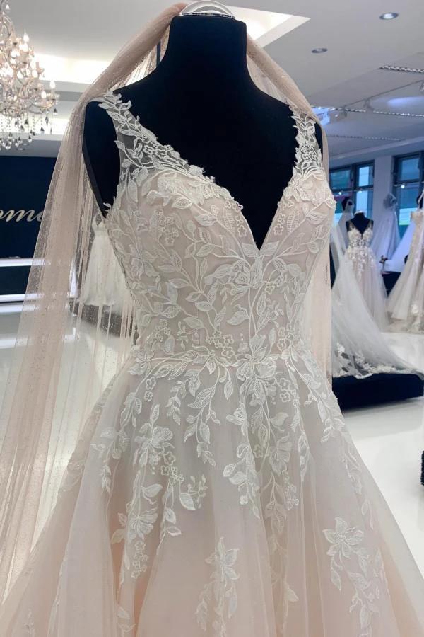 Elegant Long A-line V-neck Tulle Sleeveless Wedding Dresses with Lace by misshow.com