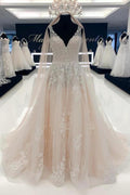 Elegant Long A-line V-neck Tulle Sleeveless Wedding Dresses with Lace by misshow.com