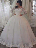Elegant Long Ball Gown Bateau Lace Wedding Dresses with Sleeves by BIZTUNNEL