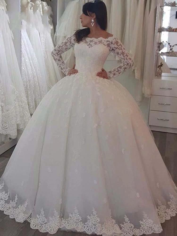 Elegant Long Ball Gown Bateau Lace Wedding Dresses with Sleeves by BIZTUNNEL