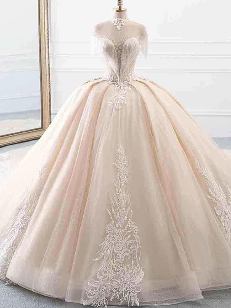 Elegant Long Ball Gown High Neck Tassel Sleeves Tulle Wedding Dresses by BIZTUNNEL