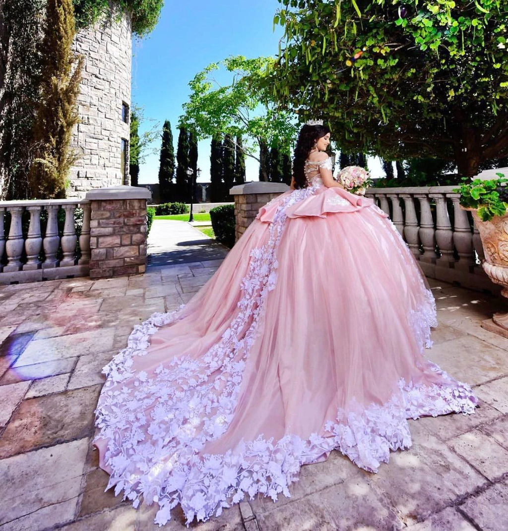 Elegant Long Ball Gown Off the Shoulder Appliques Lace Tulle Quinceanera Dress by BIZTUNNEL