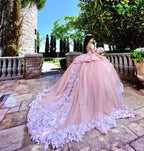 Elegant Long Ball Gown Off the Shoulder Appliques Lace Tulle Quinceanera Dress by BIZTUNNEL