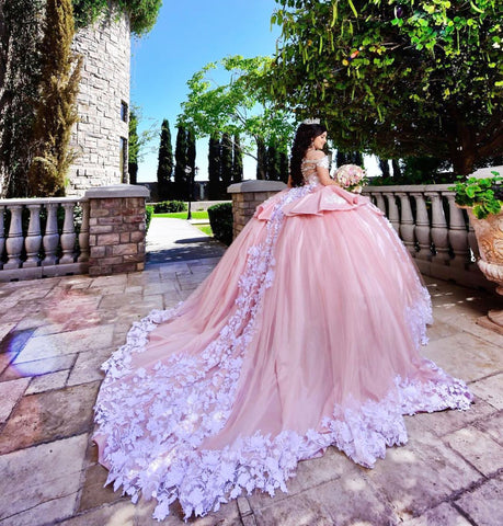 Elegant Long Ball Gown Off the Shoulder Appliques Lace Tulle Quinceanera Dress