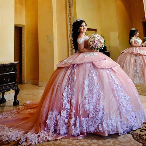 Elegant Long Ball Gown Off the Shoulder Appliques Lace Tulle Quinceanera Dress