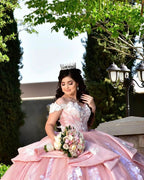 Elegant Long Ball Gown Off the Shoulder Appliques Lace Tulle Quinceanera Dress by BIZTUNNEL