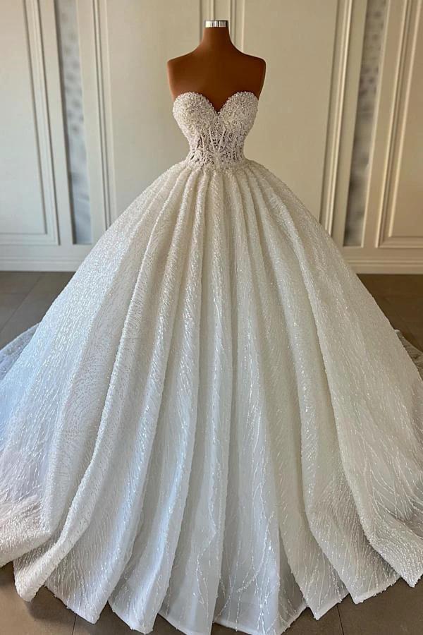 Elegant Long Ball Gown Sweetheart Sleeveless Sequined Tulle Lace Wedding Dresses by BIZTUNNEL
