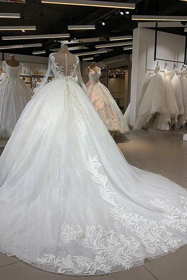 Elegant Long Ball Gown Sweetheart Tulle Wedding Dress with Sleeves by BIZTUNNEL