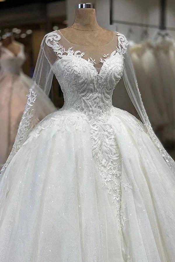 Elegant Long Ball Gown Sweetheart Tulle Wedding Dress with Sleeves by BIZTUNNEL