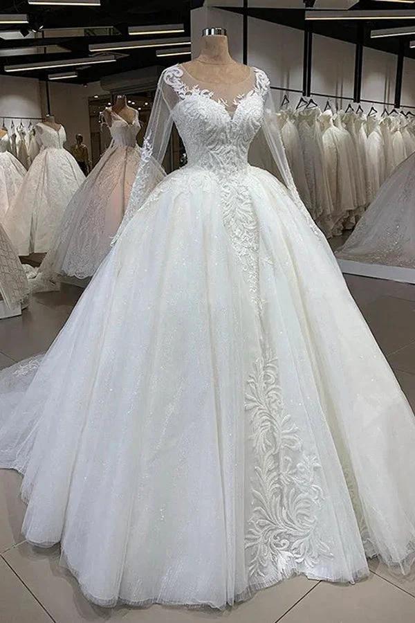 Elegant Long Ball Gown Sweetheart Tulle Wedding Dress with Sleeves by BIZTUNNEL