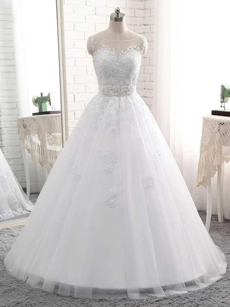 Elegant Long Ball Gown Tulle Lace-Up White Wedding Dresses by BIZTUNNEL