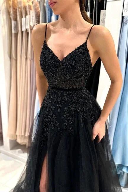 Elegant Long Black A-line Sequined Lace Prom Dresses With Slit by misshow.com