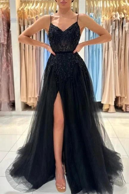 Elegant Long Black A-line Sequined Lace Prom Dresses With Slit by misshow.com