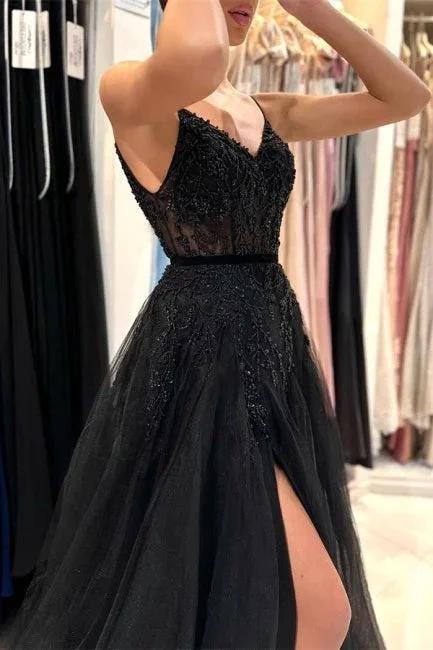 Elegant Long Black A-line Sequined Lace Prom Dresses With Slit by misshow.com