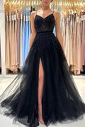 Elegant Long Black A-line Sequined Lace Prom Dresses With Slit by misshow.com