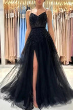 Elegant Long Black A-line Sequined Lace Prom Dresses With Slit by misshow.com