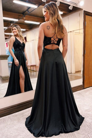 Elegant Long Black A-line V-neck Sequined Evening Dress With Glitter