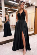 Elegant Long Black A-line V-neck Sequined Evening Dress With Glitter by misshow.com