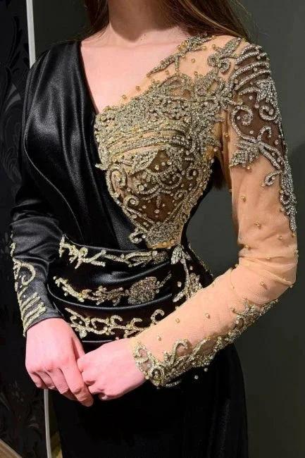 Elegant Long Black Beading Mermaid Evening Dresses With Long Sleeves by misshow.com