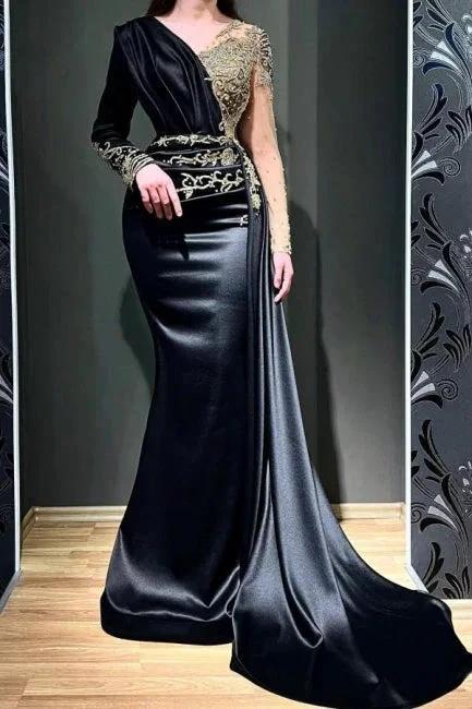 Elegant Long Black Beading Mermaid Evening Dresses With Long Sleeves by misshow.com