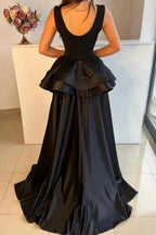 Elegant Long Black Evening Dresses Simple Drom Dresses With Detachable Train by misshow.com