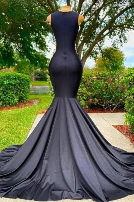 Elegant Long Black Jewel Mermaid Lace Prom Dress with Appliques by misshow.com