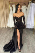 Elegant Long Black Off-the-shoulder Lace Mermaid Prom Dress With Slit by misshow.com