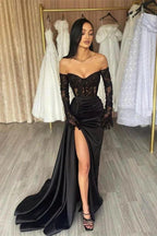 Elegant Long Black Off-the-shoulder Lace Mermaid Prom Dress With Slit by misshow.com