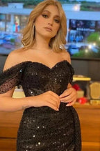 Elegant Long Black Off-the-shoulder Sequined Lace Prom Dress With Slit by misshow.com