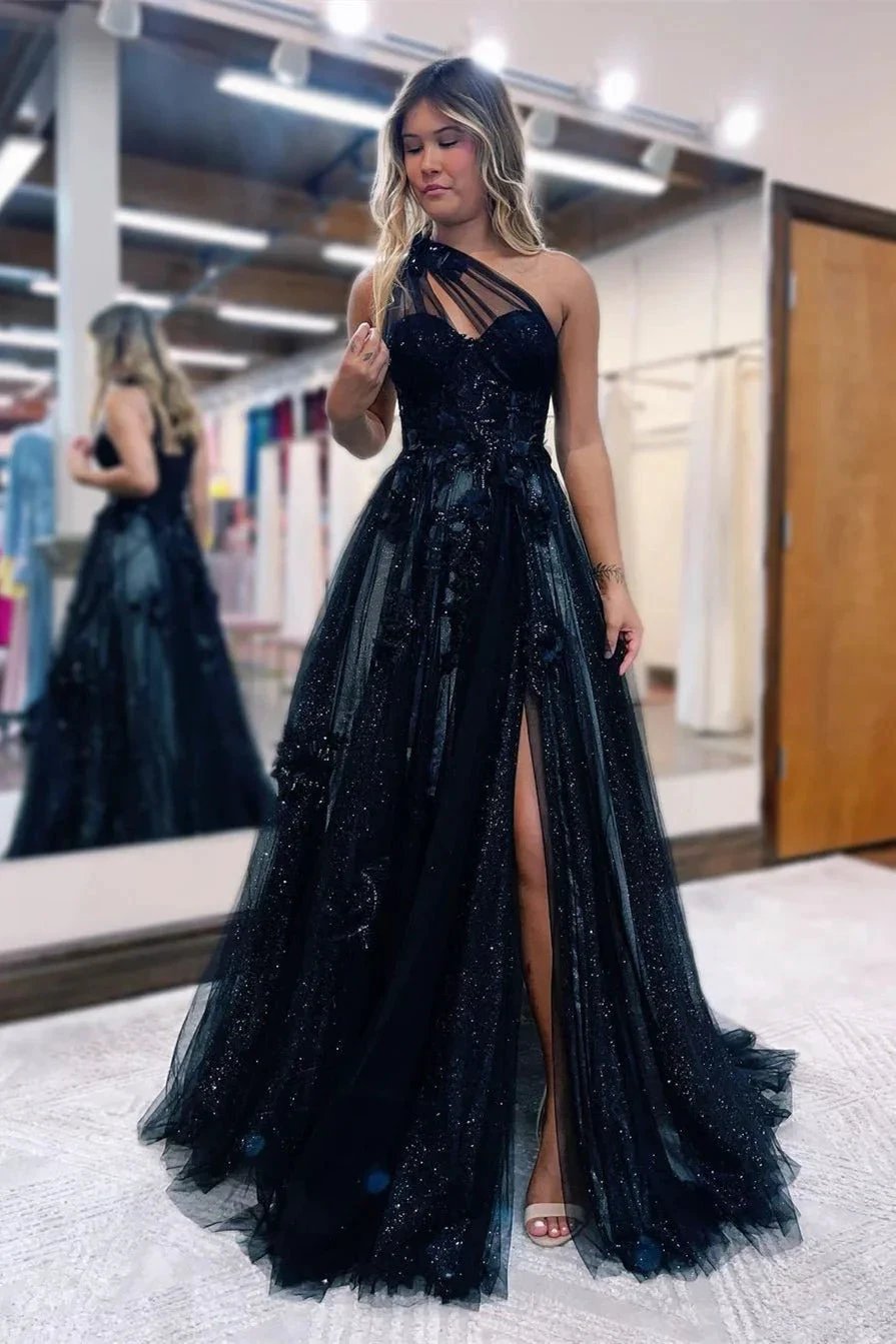 Elegant Long Black One Shoulder A-line Lace Prom Dress With Slit by misshow.com