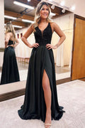 Elegant Long Black V-neck A-line Sequined Sleeveless Prom Dress With Slit by misshow.com