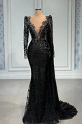 Elegant Long Black V-neck Lace Mermaid Evening Dresses With Long Sleeves by misshow.com