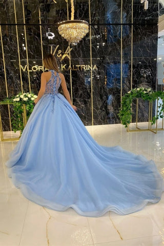 Elegant Long Blue A-line Halter Sleeveless Beading Prom Dresses With Glitter