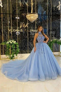 Elegant Long Blue A-line Halter Sleeveless Beading Prom Dresses With Glitter by misshow.com