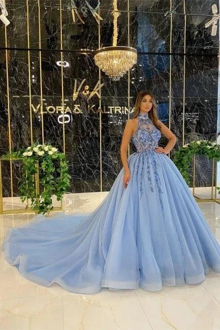 Elegant Long Blue A-line Halter Sleeveless Beading Prom Dresses With Glitter by misshow.com