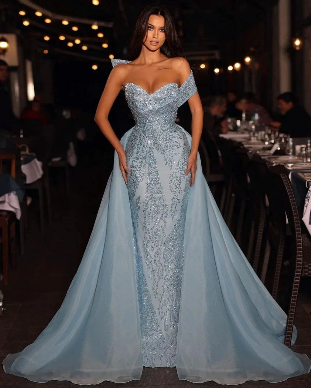 Elegant Long Blue A-line Off-the-shoulder Sleeveless Sequined Prom Dress With Detachable Train by misshow.com