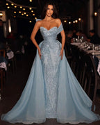 Elegant Long Blue A-line Off-the-shoulder Sleeveless Sequined Prom Dress With Detachable Train by misshow.com