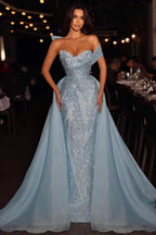 Elegant Long Blue A-line Off-the-shoulder Sleeveless Sequined Prom Dress With Detachable Train by misshow.com