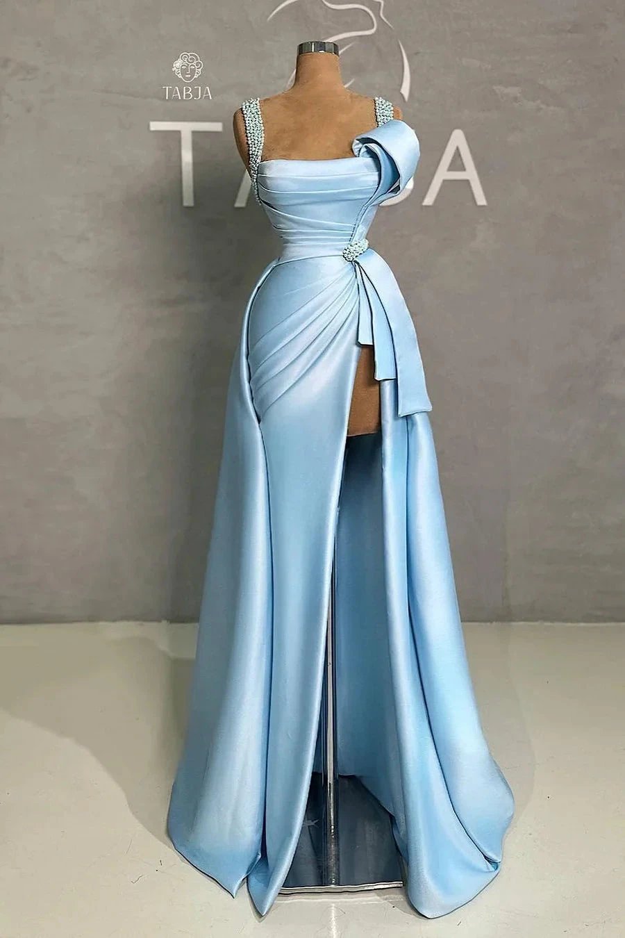 Elegant Long Blue A-line Straps Pearls Sleeveless Prom Dress With Slit by misshow.com
