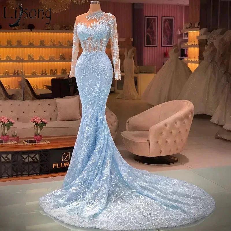 Elegant Long Blue Mermaid Long Sleeves Lace Prom Dress With Train by misshow.com