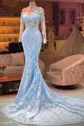 Elegant Long Blue Mermaid Long Sleeves Lace Prom Dress With Train by misshow.com