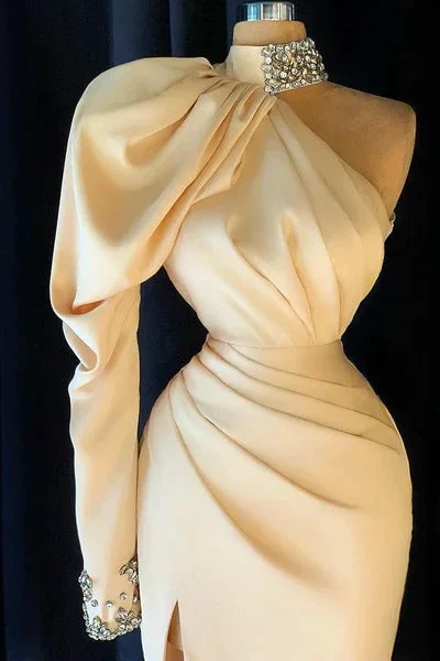 Elegant Long Champagne High Neck One Shoulder Split Prom Dress With Slit by misshow.com