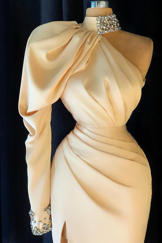 Elegant Long Champagne High Neck One Shoulder Split Prom Dress With Slit