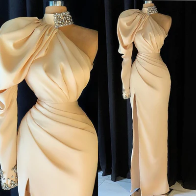 Elegant Long Champagne High Neck One Shoulder Split Prom Dress With Slit