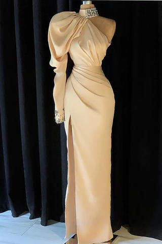 Elegant Long Champagne High Neck One Shoulder Split Prom Dress With Slit