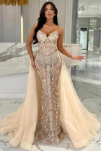 Elegant Long Champagne Mermaid Strapless Lace Glitter Prom Dress with Detachable Train by misshow.com