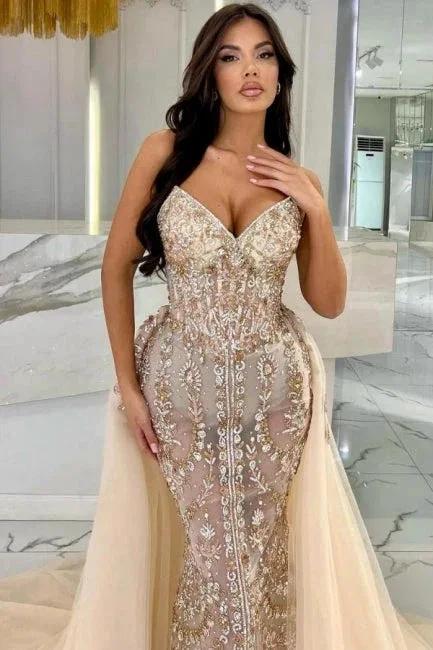 Elegant Long Champagne Mermaid Strapless Lace Glitter Prom Dress with Detachable Train by misshow.com