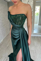 Elegant Long Dark Green A-line Sleeveless Beading Prom Dress With Slit by misshow.com